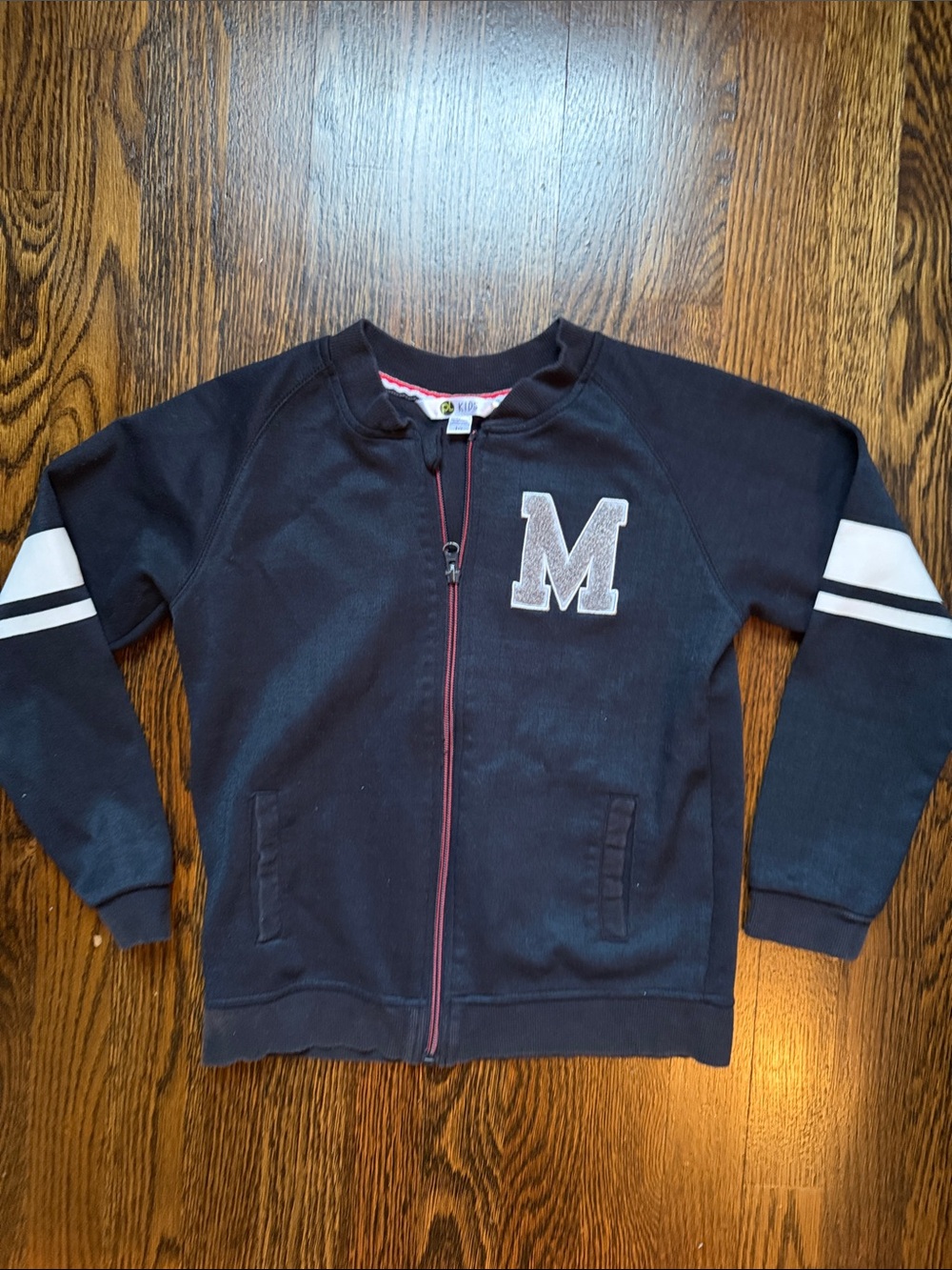 Boys Navy Zip Front Sweatshirt with White Sleeve Stripes and 'M' Patch